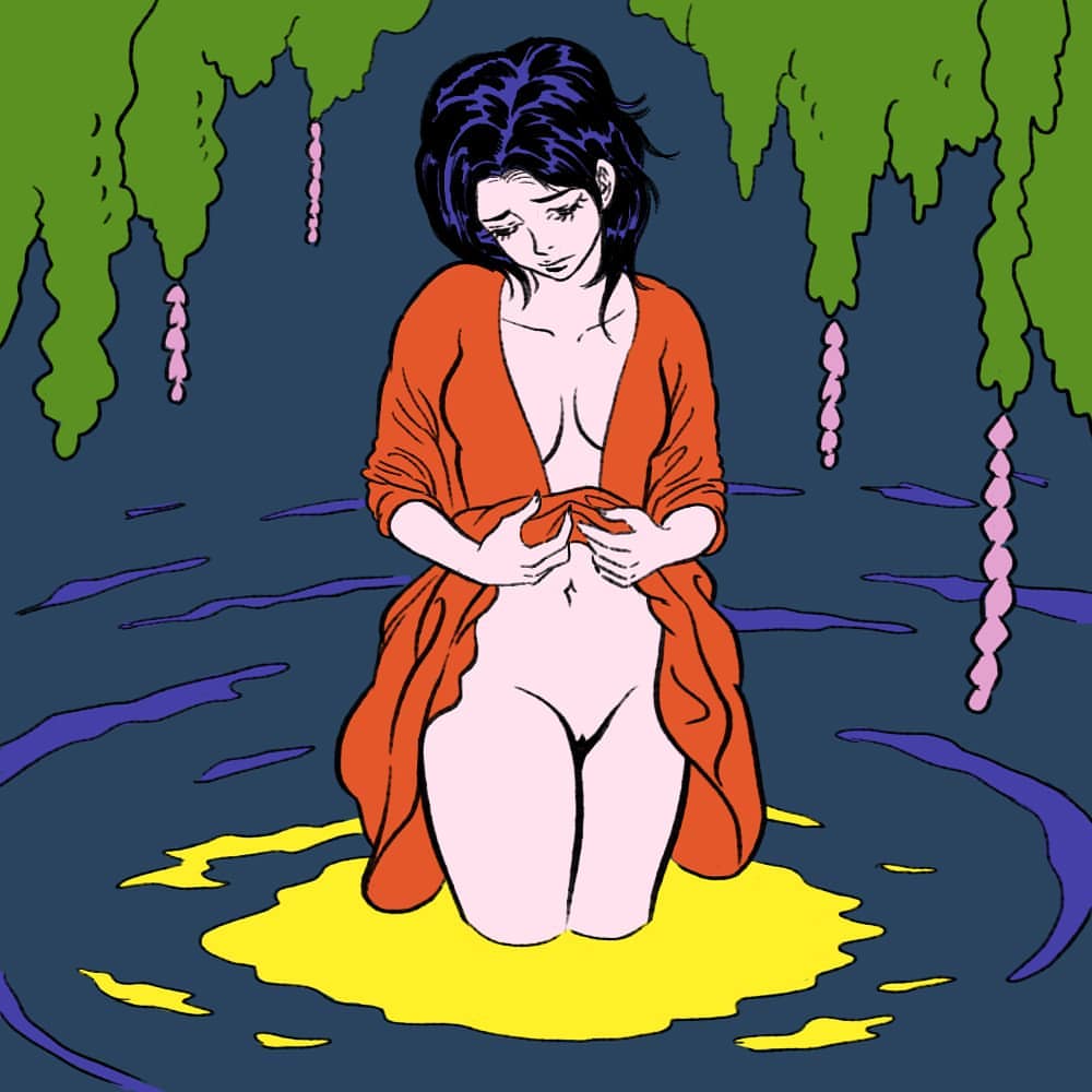 sad girl standing in the water (surrounded by a puddle stain) by Pigo Lin
