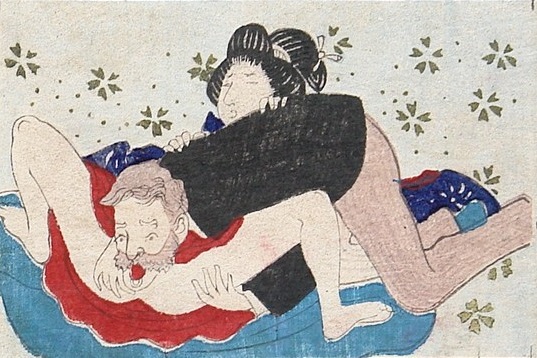 A Westerner sporting sideburns performing oral sex on a Japanese geisha.' (c.1890) by an unknown Meiji artist