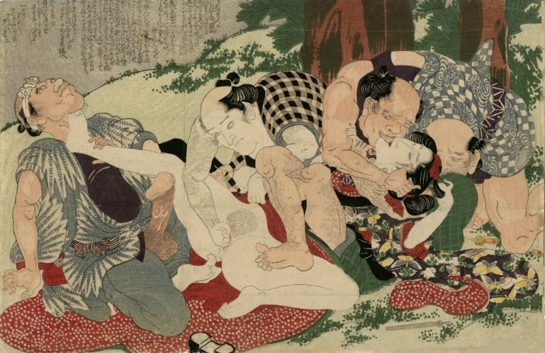 Gang rape scene' from the series 'Willow Storm (Yanagi no arashi)' by  Shigenobu