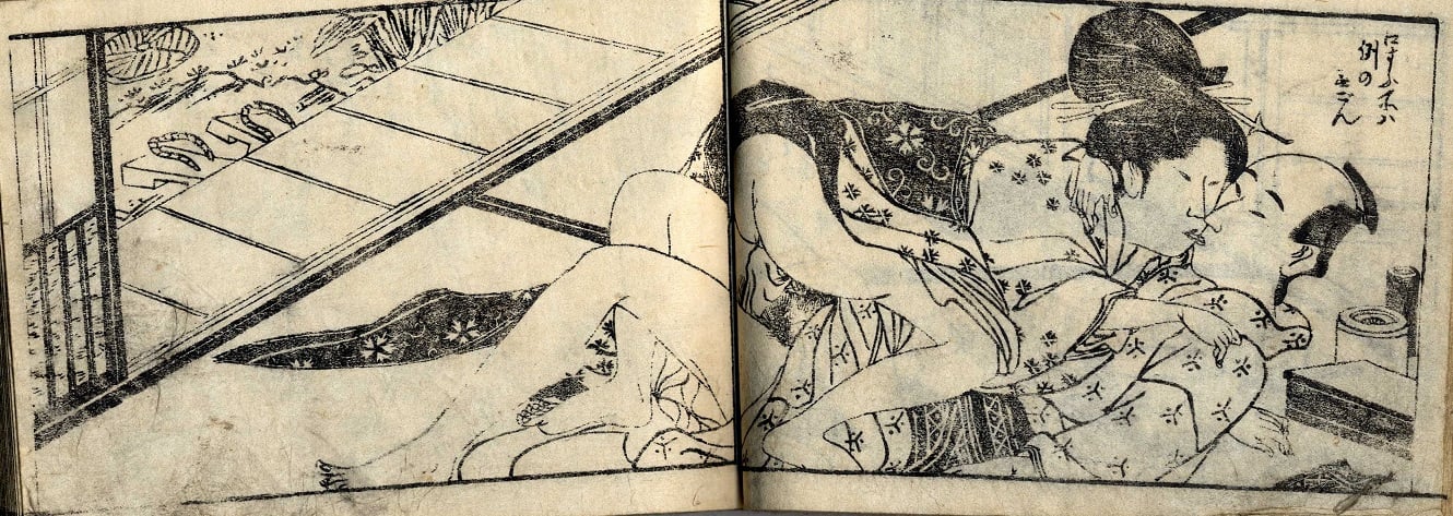 A medium close-up design of a covert encounter. The woman's geta (Japanese footwear resembling clogs), depicted just within the frame outside in the garden, are an indication that this is a secret love affair. by tsukioka settei