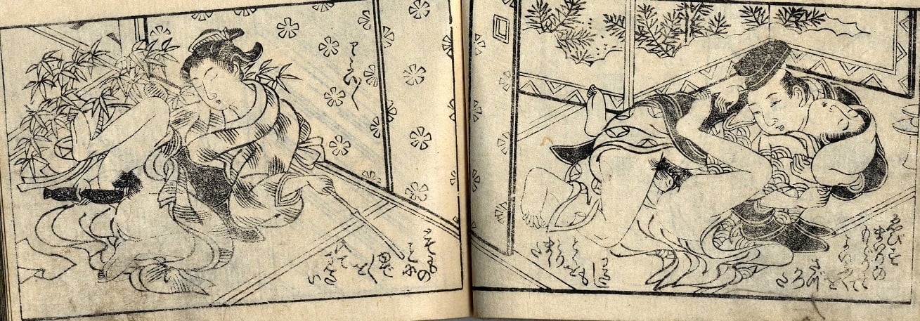 tsukioka settei: Their activities are observed by a young aroused courtesan uses a wooden object to satisfy herself with one hand while holding a bamboo stalk in the other.