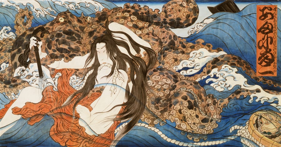 Pearl diver and octopus in the sea by Masami Teraoka