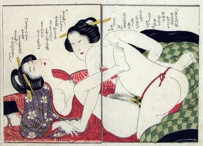 Lesbian couple with strap-on dildo by Kikugawa Eizan