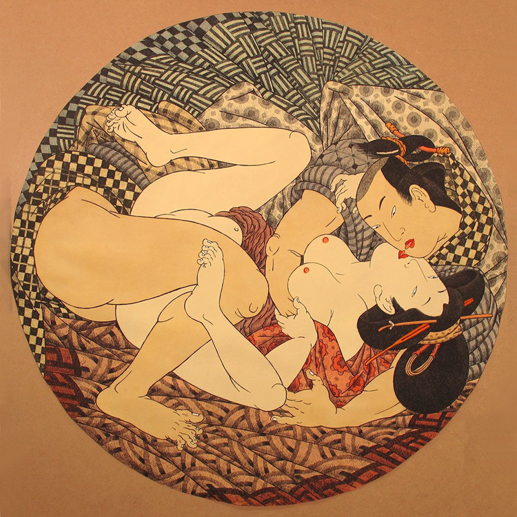 shunga plate portraying an intimate couple tongue kissing after Utamaro by fernando bellver