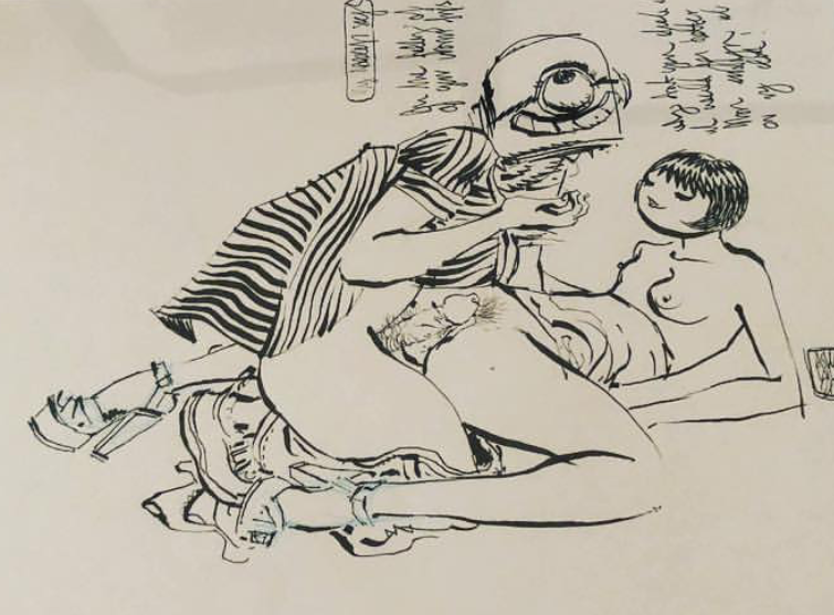 ashley wood: shunga depicting male with robot head and girl 
