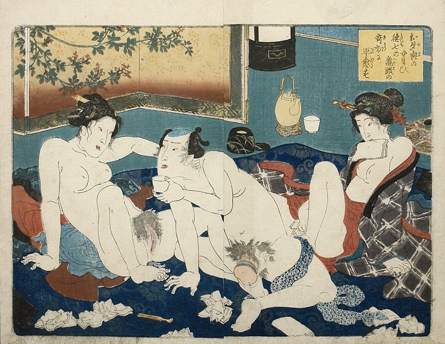 Tokushichi and his bride Otayo (on the right) and his lover Otsuya on the left giving him a special massage.