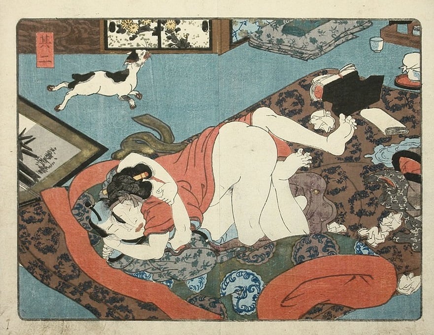 Tokushichi and his lusty mistress Otsuya in a passionate love-bout. They have woken up a grumpy cat.