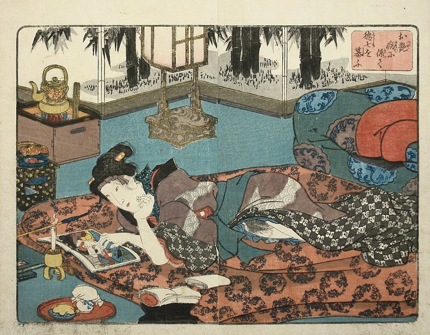 The lecherous Otsuya on her own reading a shunga book.