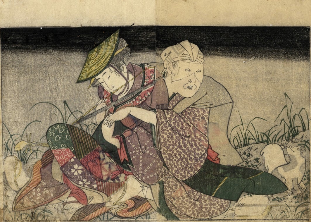 Female shamisen player getting approached by a blind male musician wearing a mask. by Utamaro