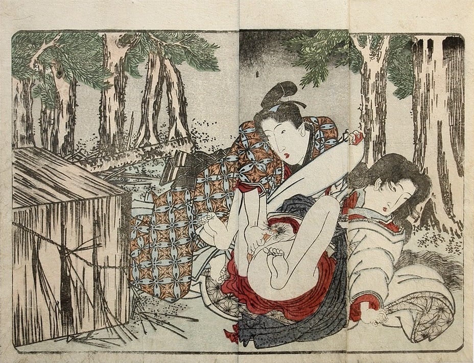 shunga with male lover caressing his lover's vagina in the forest