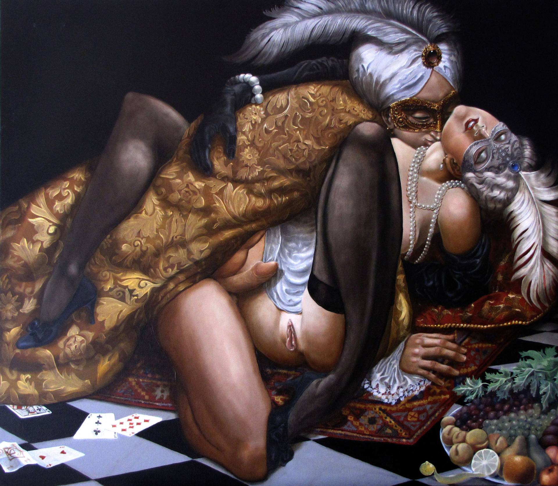 painting with two masked lovers wearing feathers by Andrea Alciato 