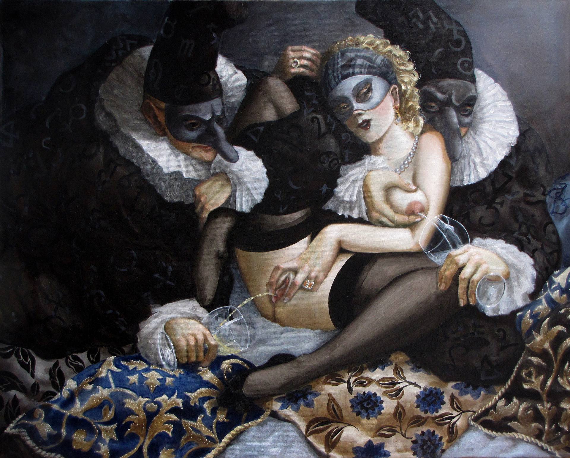 painting with participants of a masquerade ball with tapping pee and breast milk by Andrea Alciato 