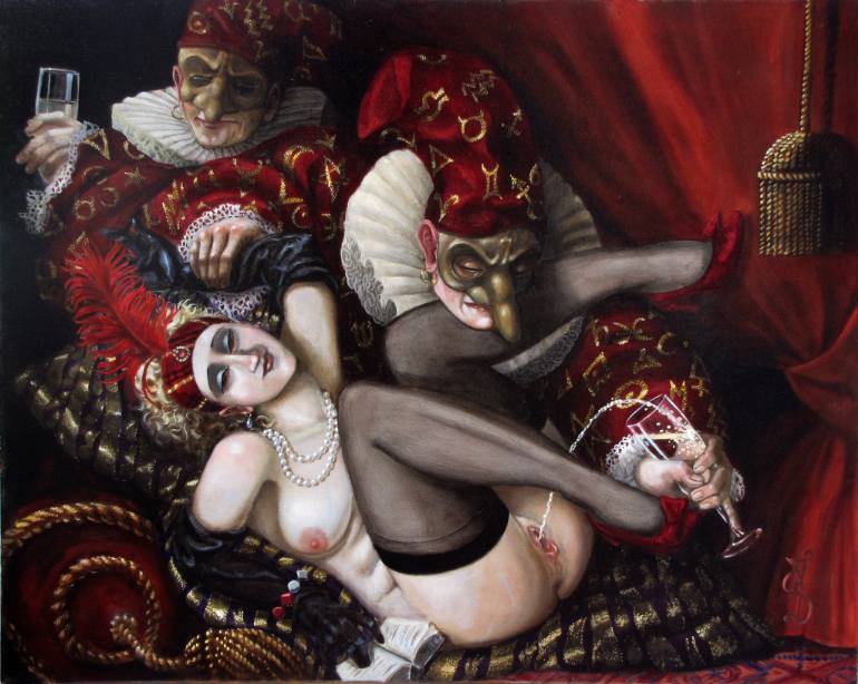 peeing female with two masked men by andrea alciato