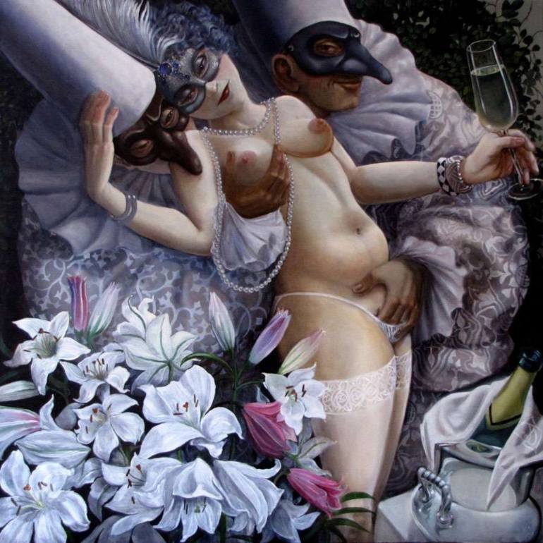 two masked males with sensual masked female by andrea alciato