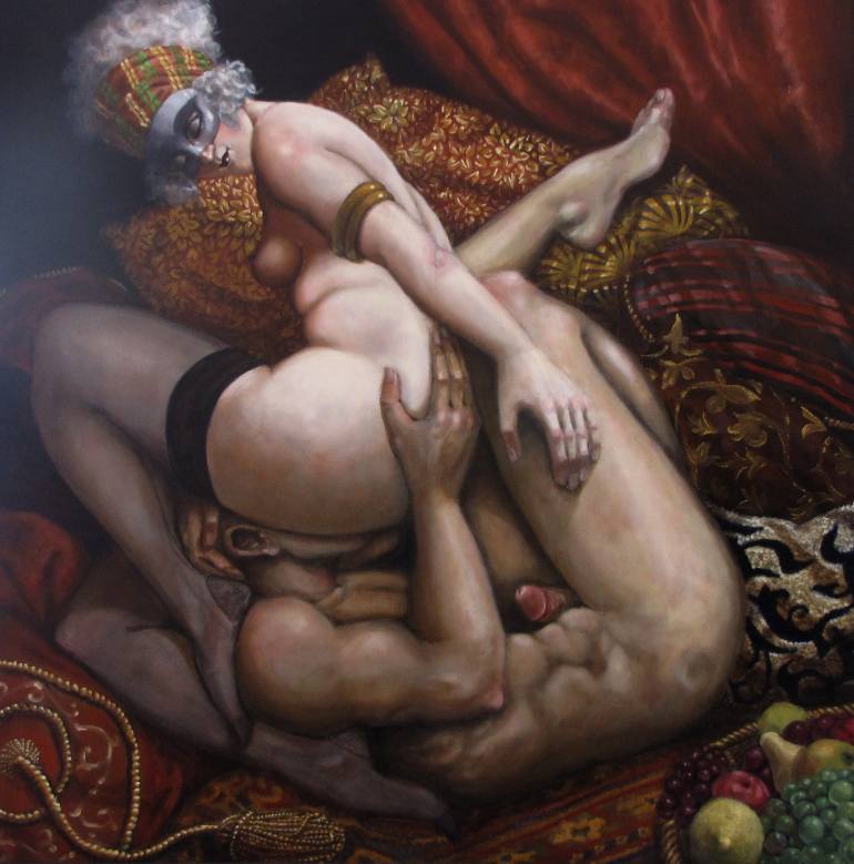nude male performing cunnilingus on a masked female by andrea alciato