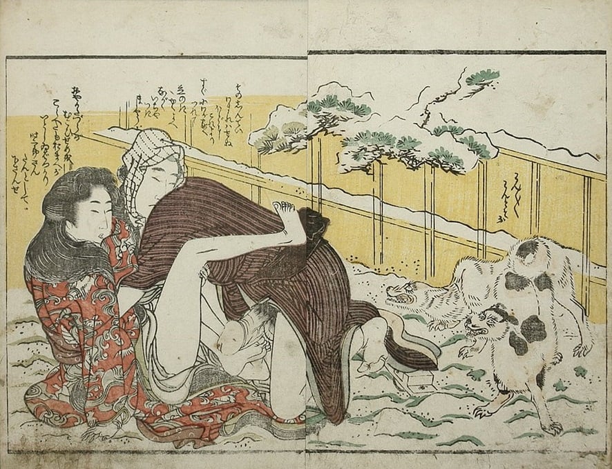 Kitagawa Utamaro II - shunga with dogs in the snow