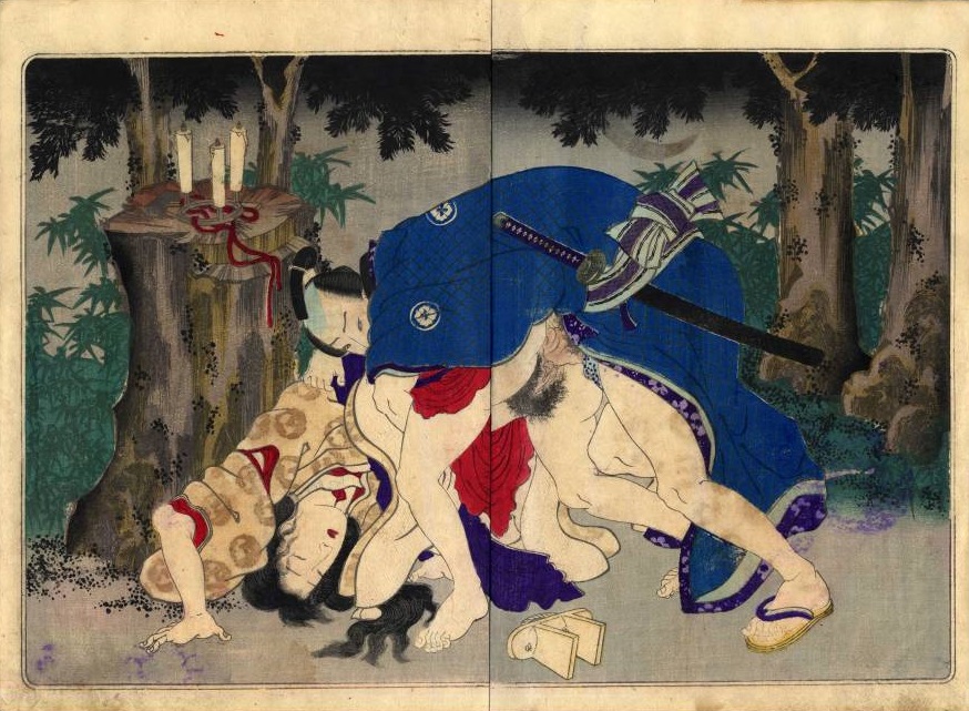 Intercourse images: Yoshimitsu in samurai outfit with lover in the forest by Kunisada