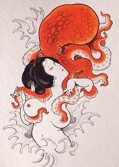 orange octopus fondling a nude geisha in the waves by Naoko Matsuda