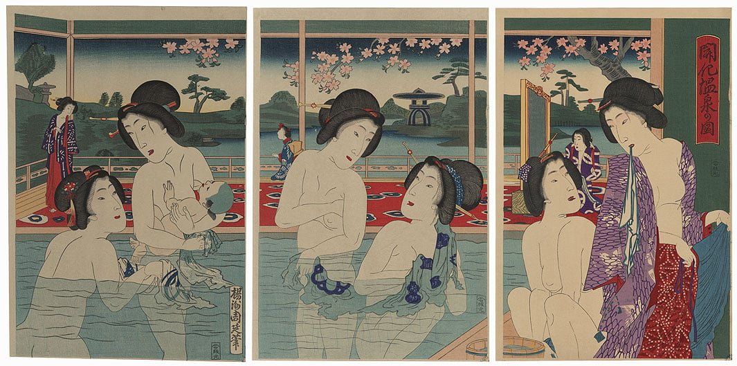 Threefold picture with women bathing in a hot springs. One has brought her baby.
