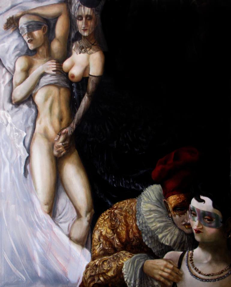 older female wearing mourning-clothes jerking off a blind-folded male with a sad couple in the foreground by andrea alciato