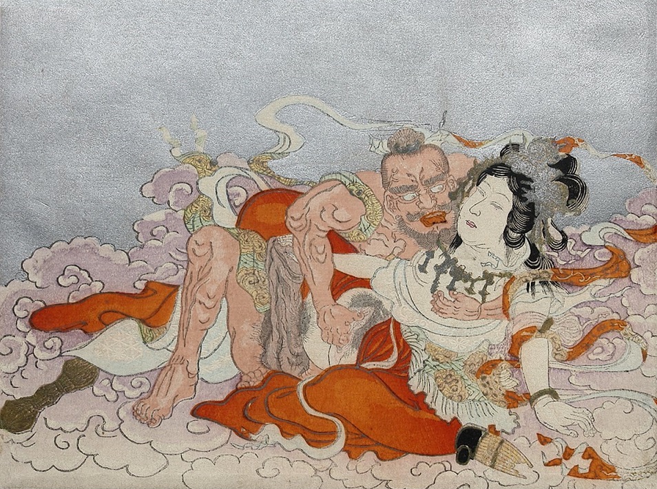 Benzaiten (God of music and wisdom) making love to Bishamon (God of War, the protector of the demons and the patron of wealth) on a cloud