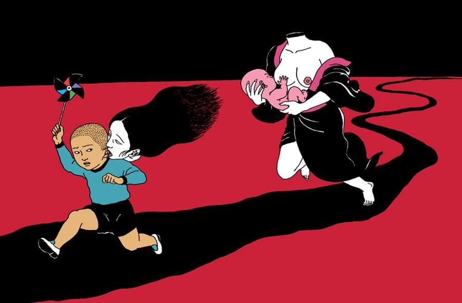 a headless female breastfeeding a toddler while chasing a young boy with her head biting his ear by toshio saeki