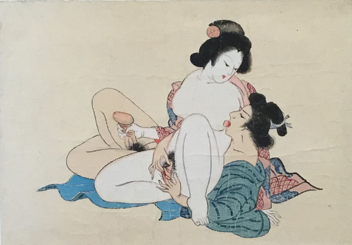 Painting of a young couple caressing each other's private parts