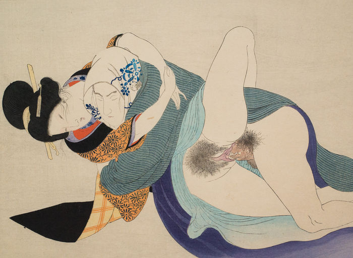 Design from Pledge of Yakumo by Tomioka Eisen depicting couple in a passionate pose