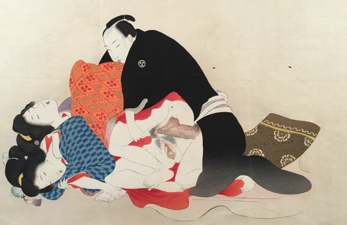 One male making love to two females' (c.1900) attrib. to Ikeda Terukata 