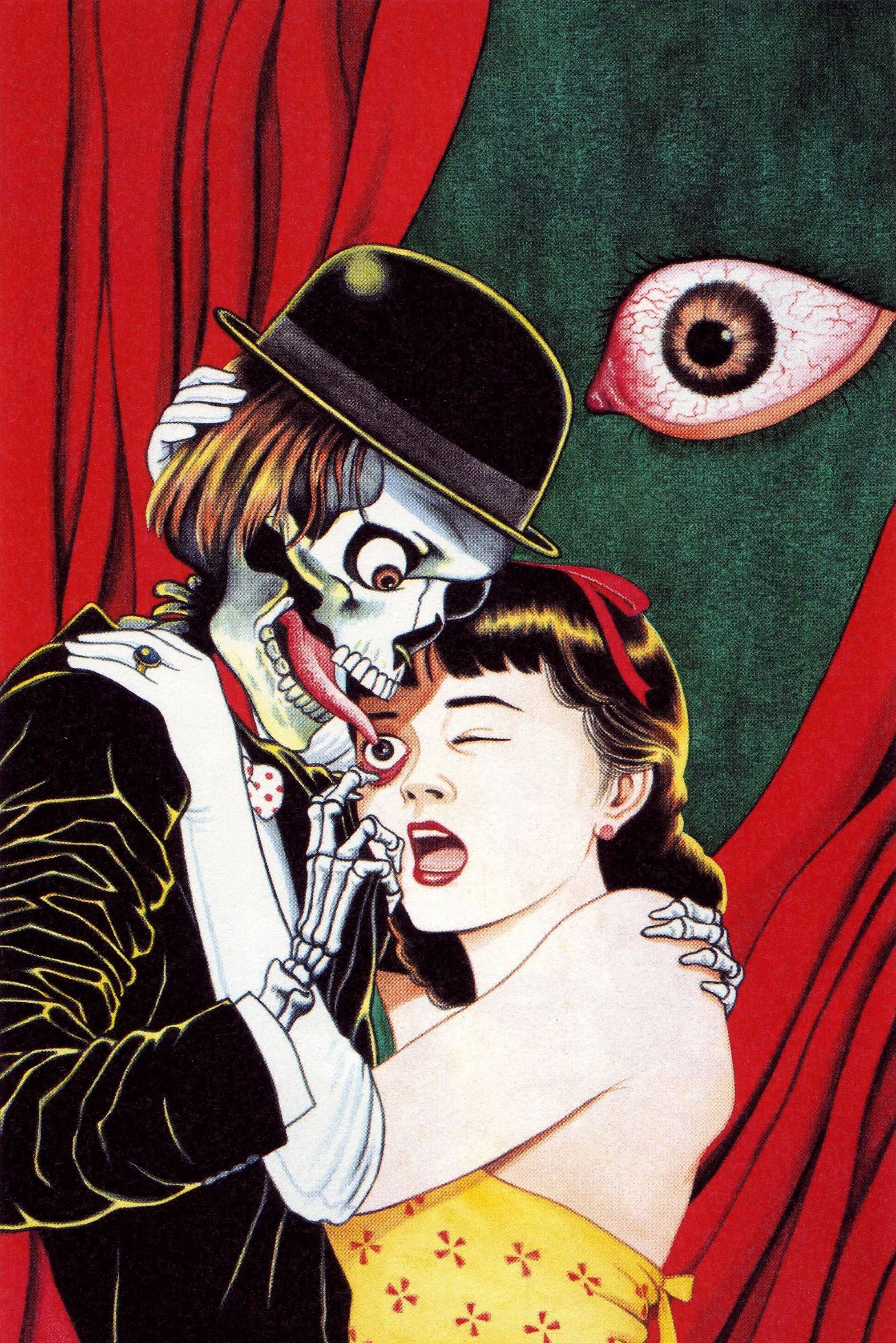 Skeleton wearing a bowler hat licking the eye-ball of an innocent girl by Suehiro Maruo