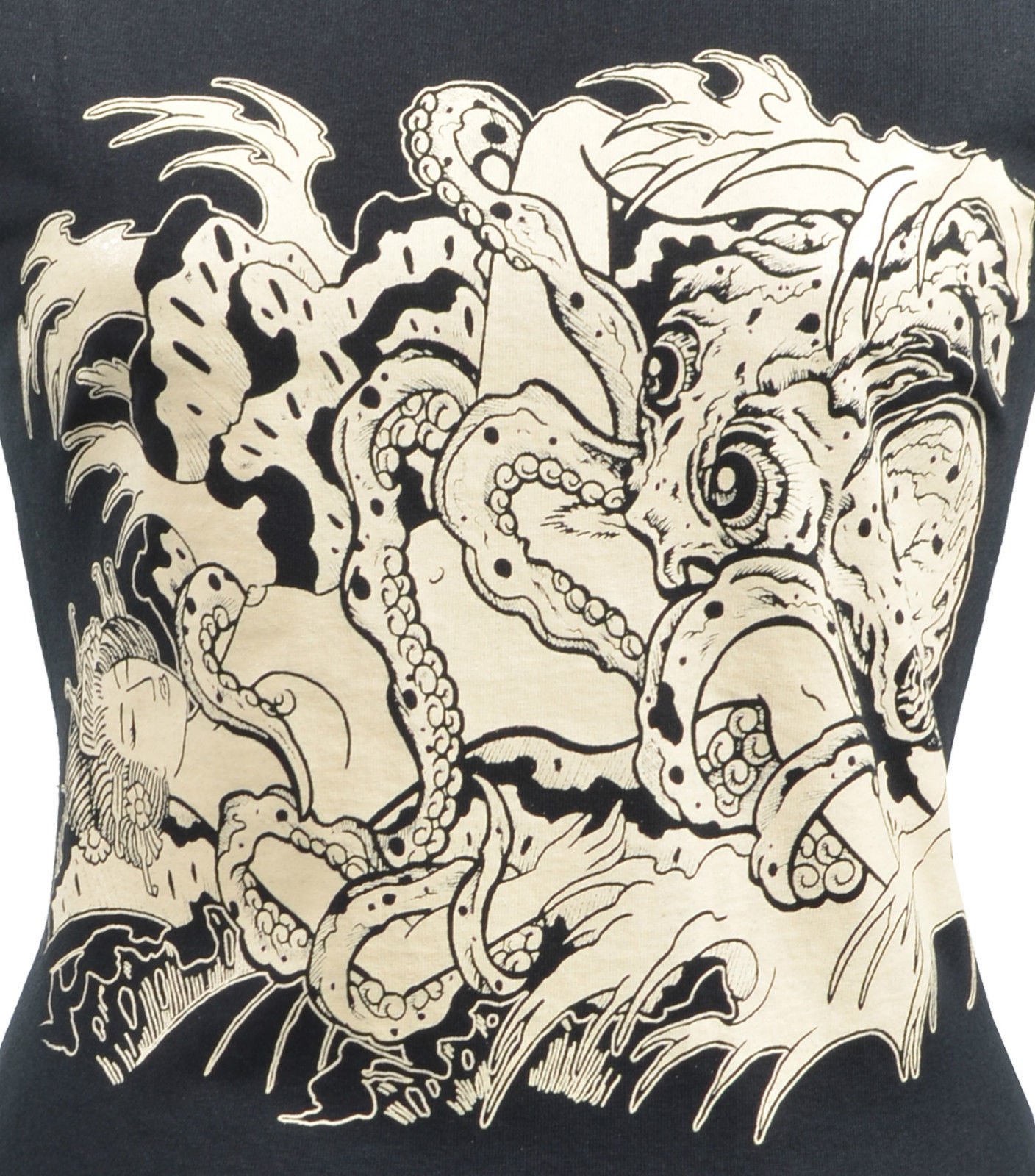 t-shirt with b&w illustration of the dream of the fisherman's wife