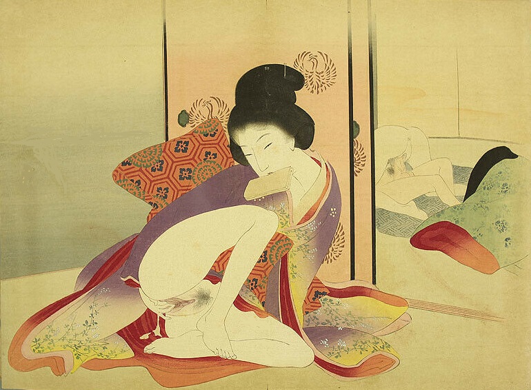 takeuchi keishu: print with young aroused girl observing an intimate couple in the other room 