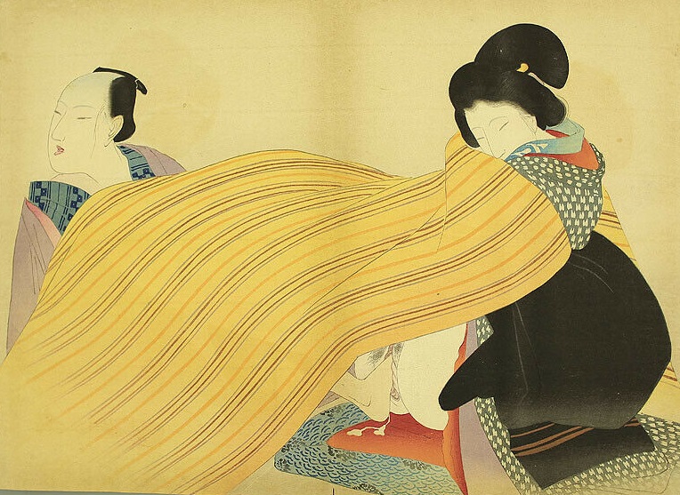 Takeuchi Keishu - Intimate couple under a large yellow striped blanket with the man massaging his lover's private parts by Takeuchi Keishu