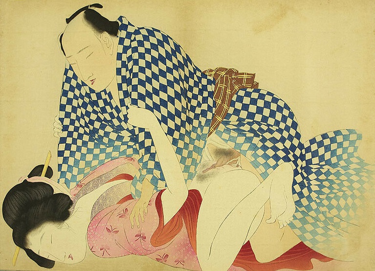 A male lover wearing a checkered blue-and white kimono deeply penetrates his female partner by Takeuchi Keishu