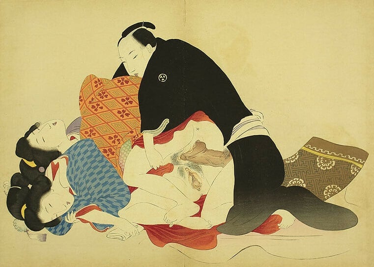 A middle-aged man sporting a black silk kimono alternately makes love to two young submissive women by Takeuchi Keishu