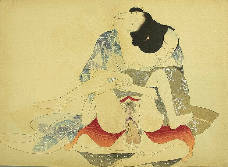 Unusual pose with the woman sitting on the lap of her lover while suckling one of her breasts by Takeuchi Keishu