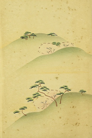 print depicting a meditative scenewith pine trees on mountain tops by Takeuchi Keishu